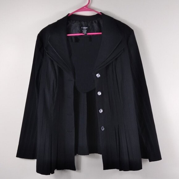 T Milano Black Micro Pleated Triple Lapel Button Up Blazer Sz 14 - Picture 6 of 9